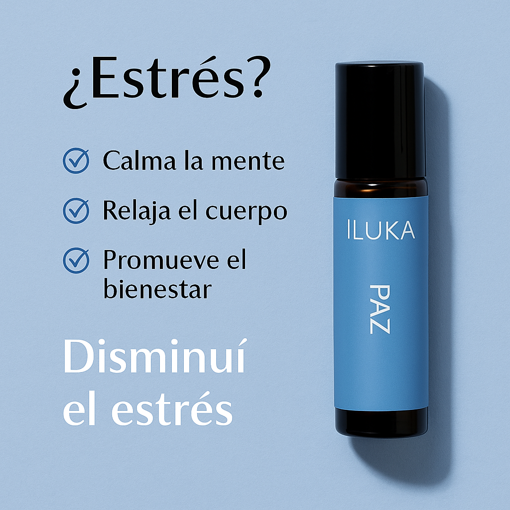 Producto natural para ansiedad y calma Iluka Paz en roll on azul para disminuir el estrés y promover bienestar